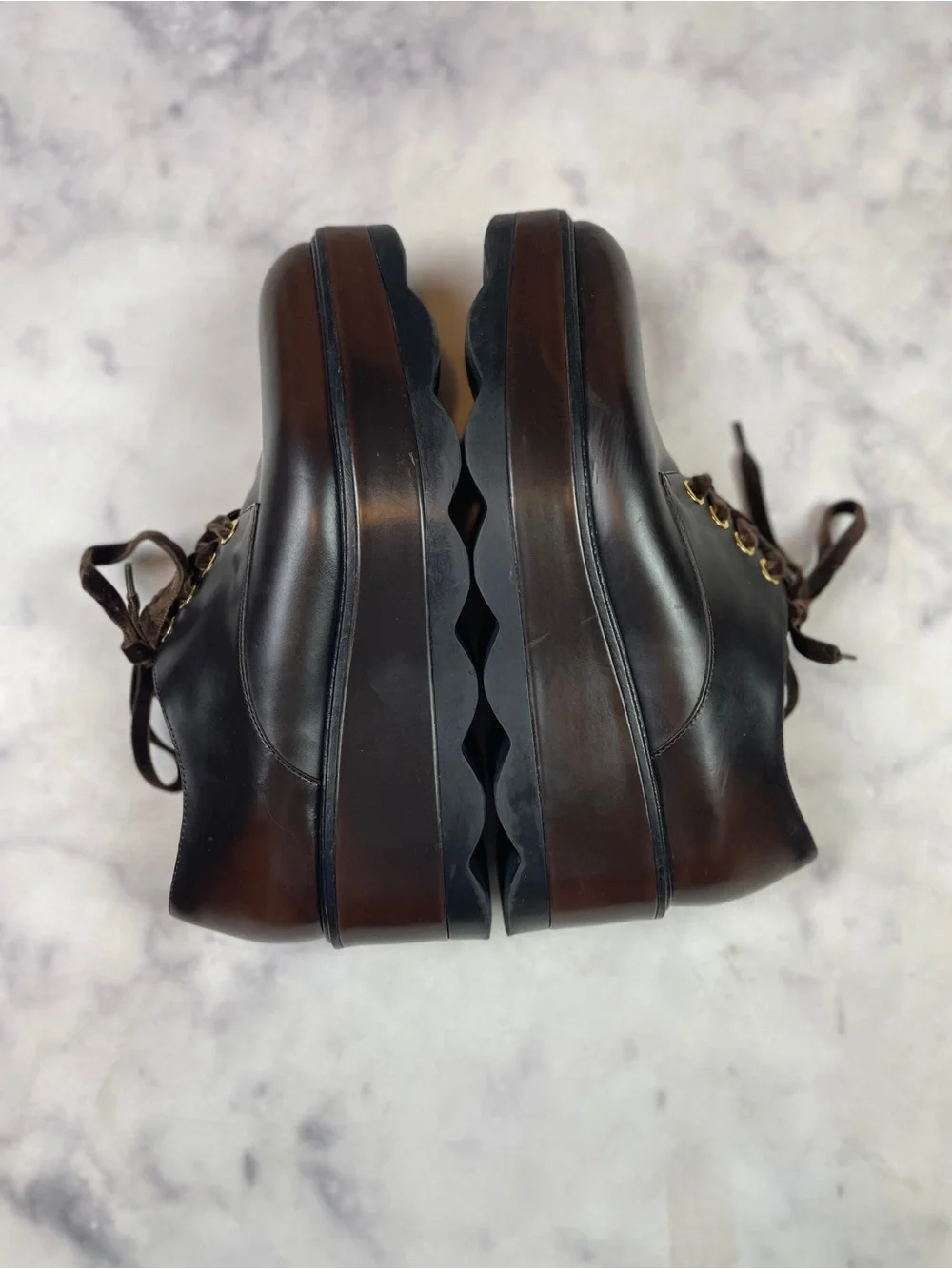 PRADA Vitello Old Platform Oxfords Brown Wavy Sole Flatform 1E851H Sz 39 / 9